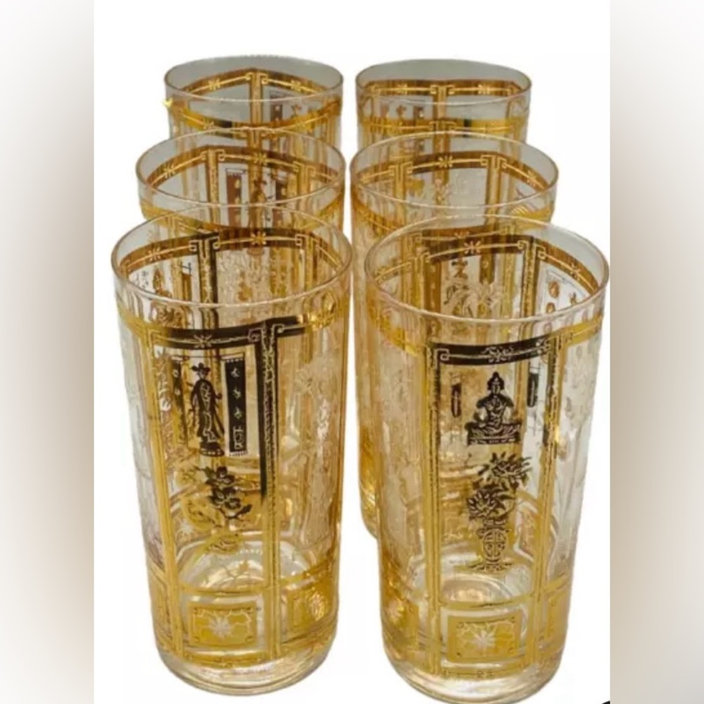 Mid-Century Culver glass 22 KT gold Asian theme relief hi-ball glass